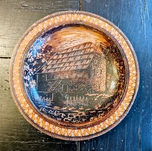 Vintage Albanian Wooden Wall Plate Etched Artistic Inscribed Cottagecore 6.25"